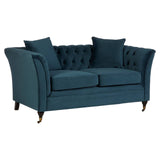 Midnight blue velvet two-seat sofa with tufted backrest, curved arms, and two matching throw pillows, resting on wooden legs