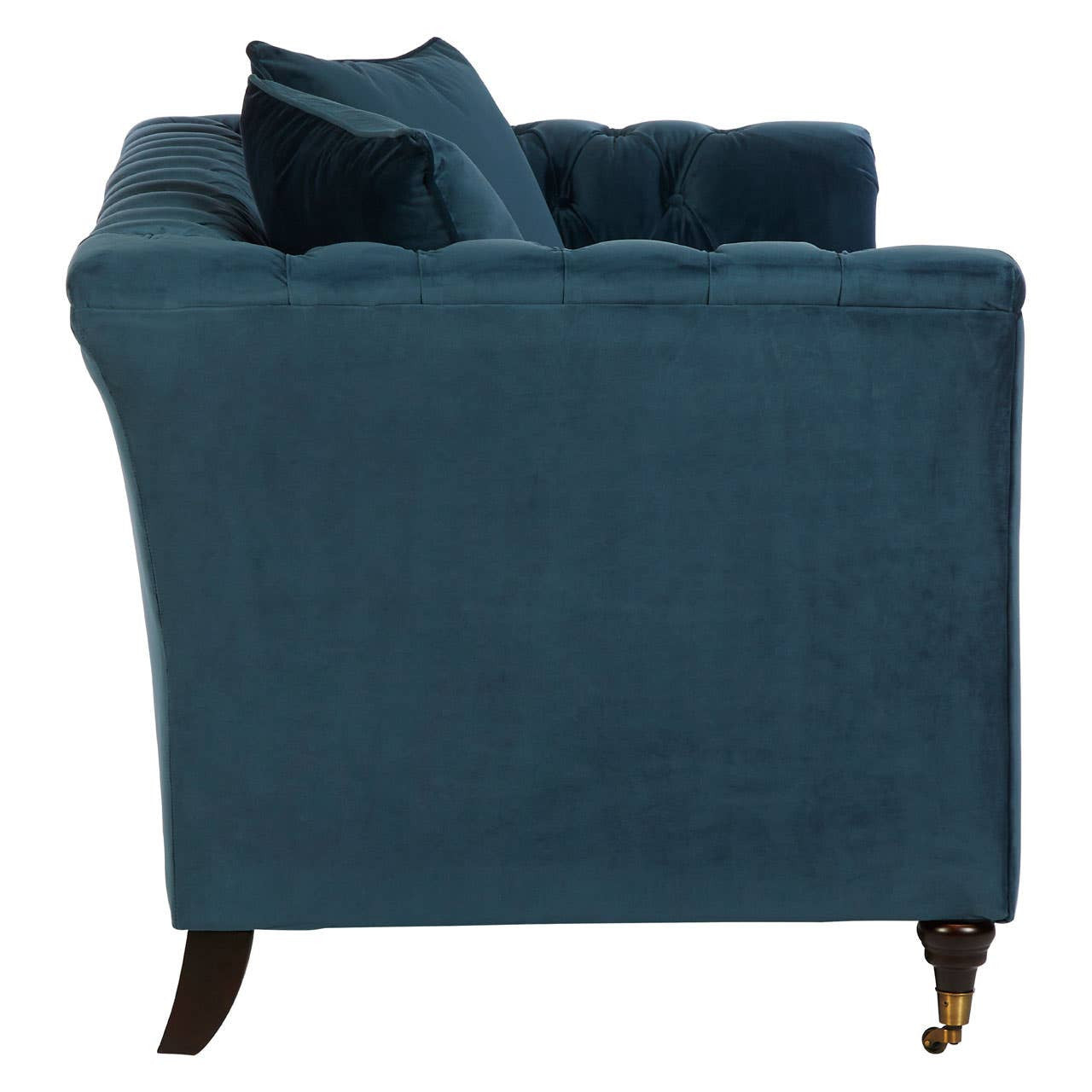 Midnight blue velvet two-seat sofa featuring a tufted backrest, plush cushions, and tapered wooden legs. The sofa has a sleek, modern design with a low profile and a cozy appearance, making it suitable for various living spaces