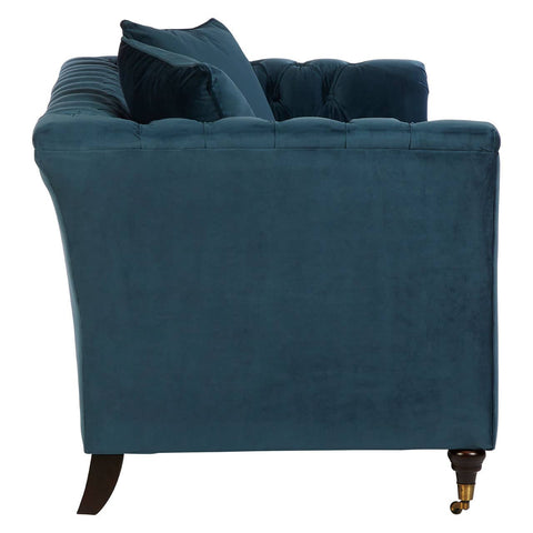 Midnight blue velvet two-seat sofa featuring a tufted backrest, plush cushions, and tapered wooden legs. The sofa has a sleek, modern design with a low profile and a cozy appearance, making it suitable for various living spaces
