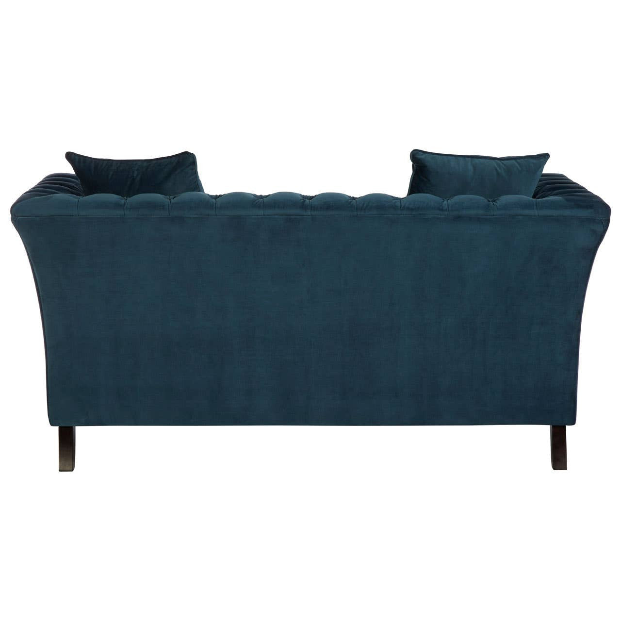 Midnight blue velvet two-seat sofa with a curved backrest and two matching cushions, resting on black wooden legs. The fabric has a soft, plush texture, and the overall design is modern and elegant