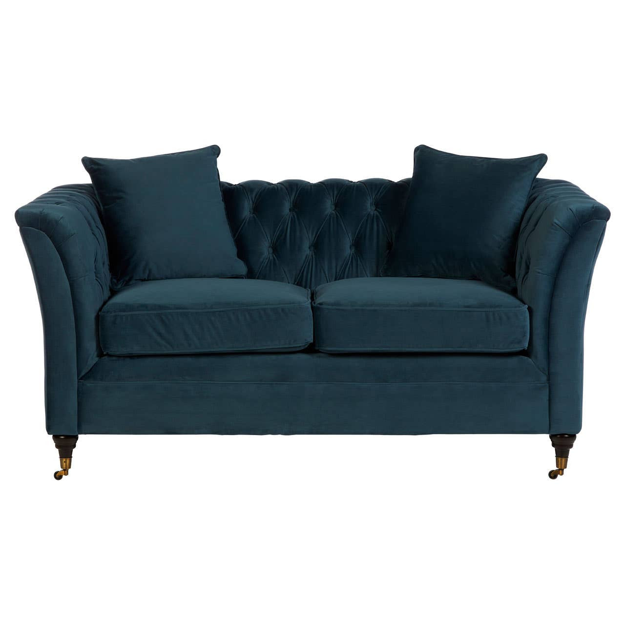 Midnight blue velvet two-seat sofa with a tufted backrest, featuring two matching cushions and elegantly curved arms, supported by wooden legs with a gold finish