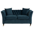 Midnight blue velvet two-seat sofa with a tufted backrest, featuring two matching cushions and elegantly curved arms, supported by wooden legs with a gold finish
