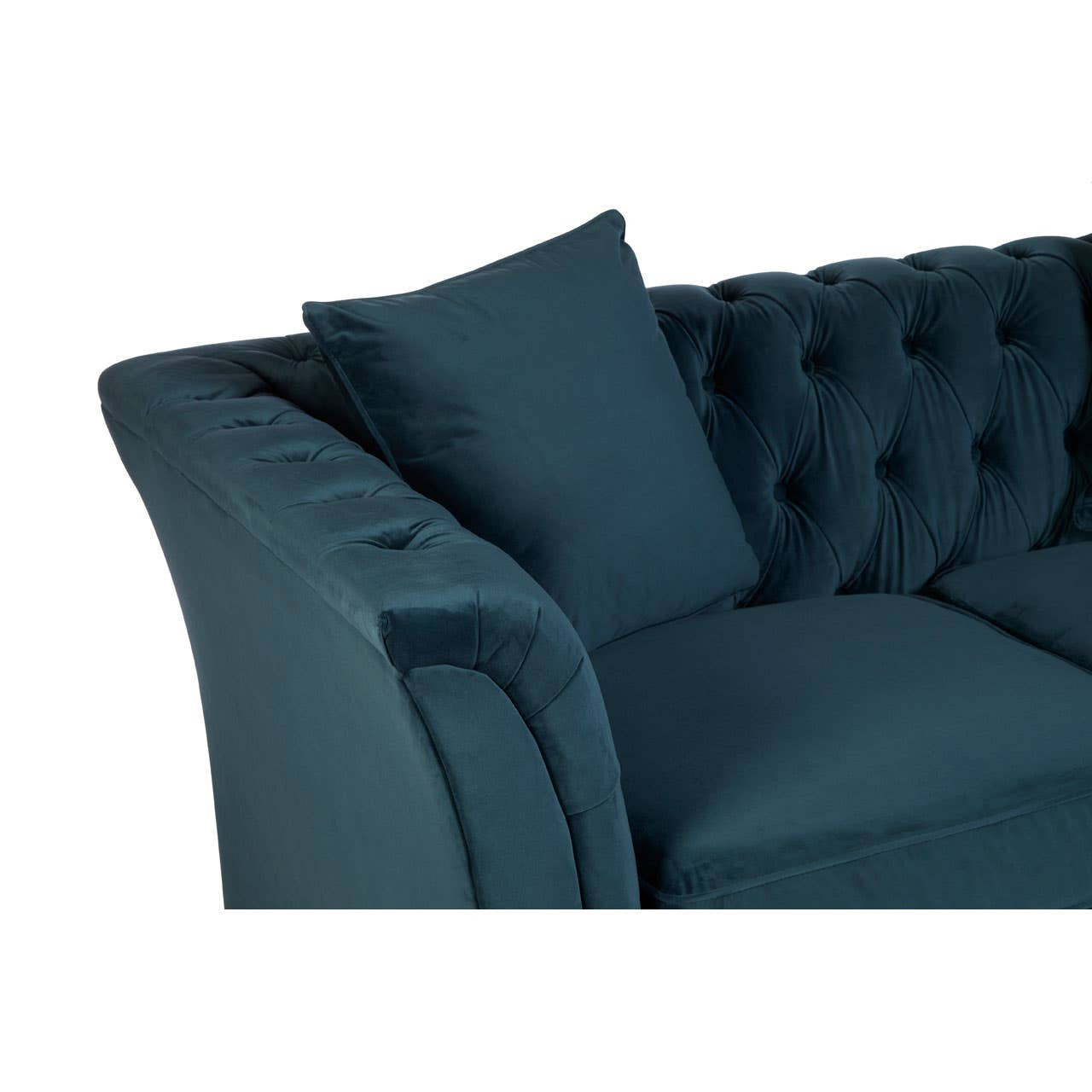 Midnight blue velvet two-seat sofa featuring a tufted backrest and a plush seat cushion, accompanied by a matching decorative pillow on one side. The sofa has curved armrests and a sleek, modern design