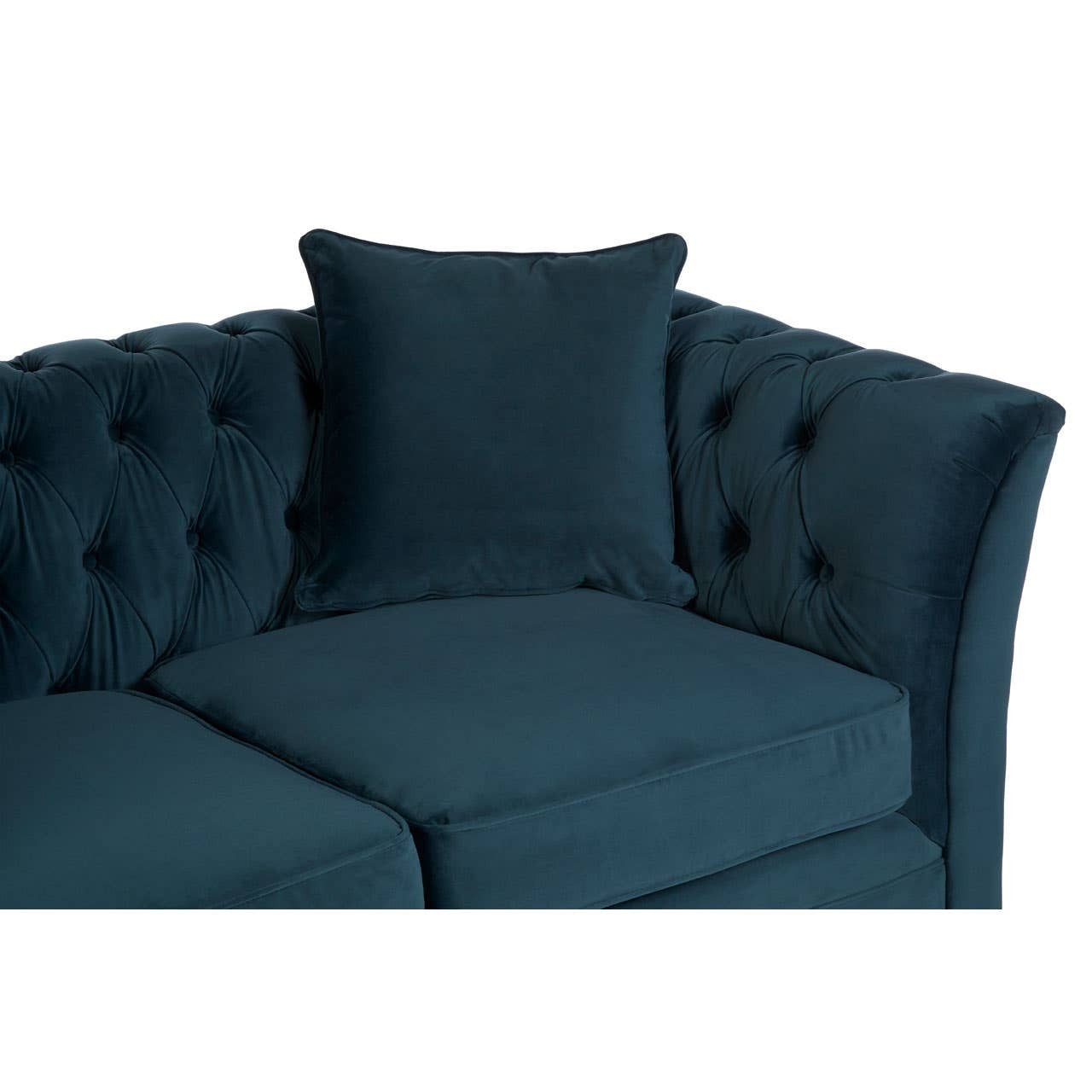 Midnight blue velvet two-seat sofa featuring a tufted backrest and a matching cushion, showcasing a sleek and modern design with curved arms