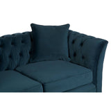 Midnight blue velvet two-seat sofa featuring a tufted backrest and a matching cushion, showcasing a sleek and modern design with curved arms