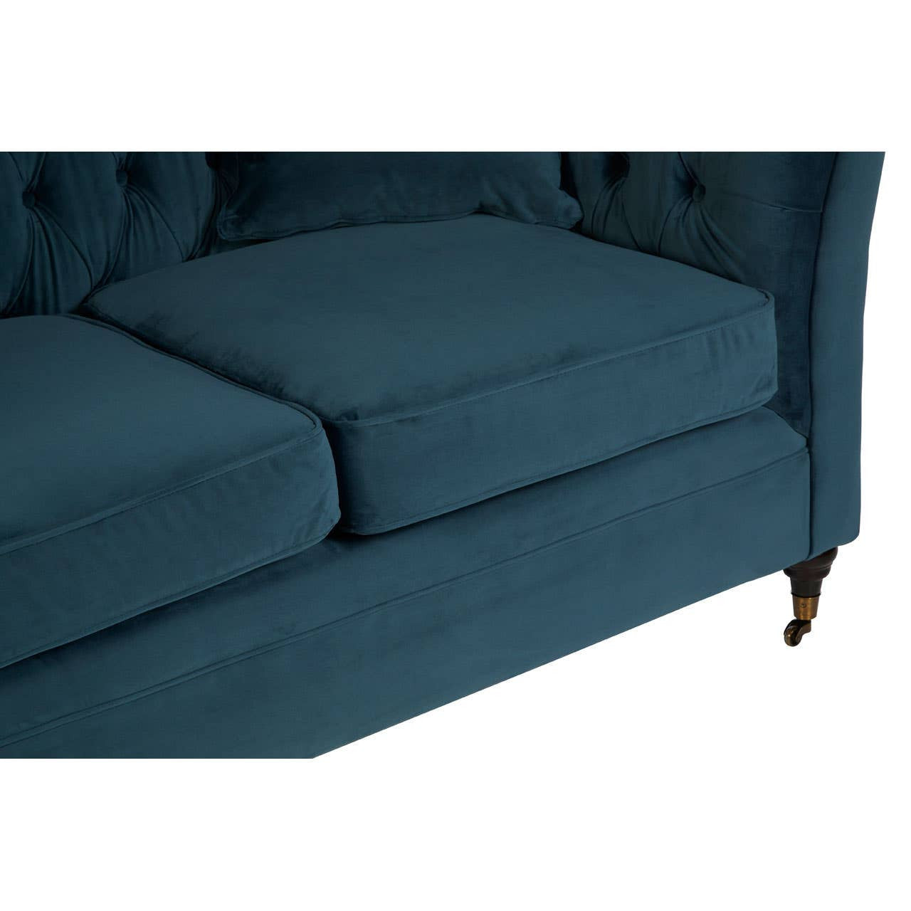 Midnight blue velvet sofa with two plush seat cushions, featuring a tufted backrest and elegant wooden legs