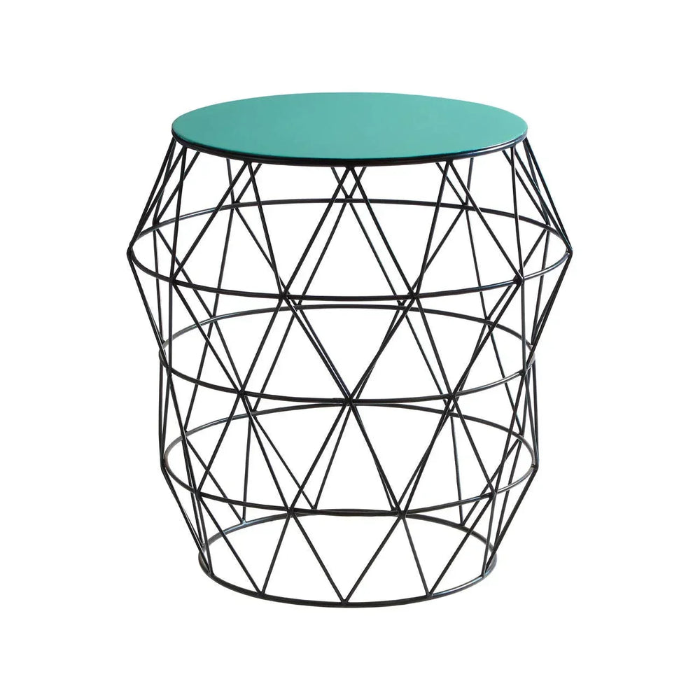 Geometric metal side table with green top and black wire frame