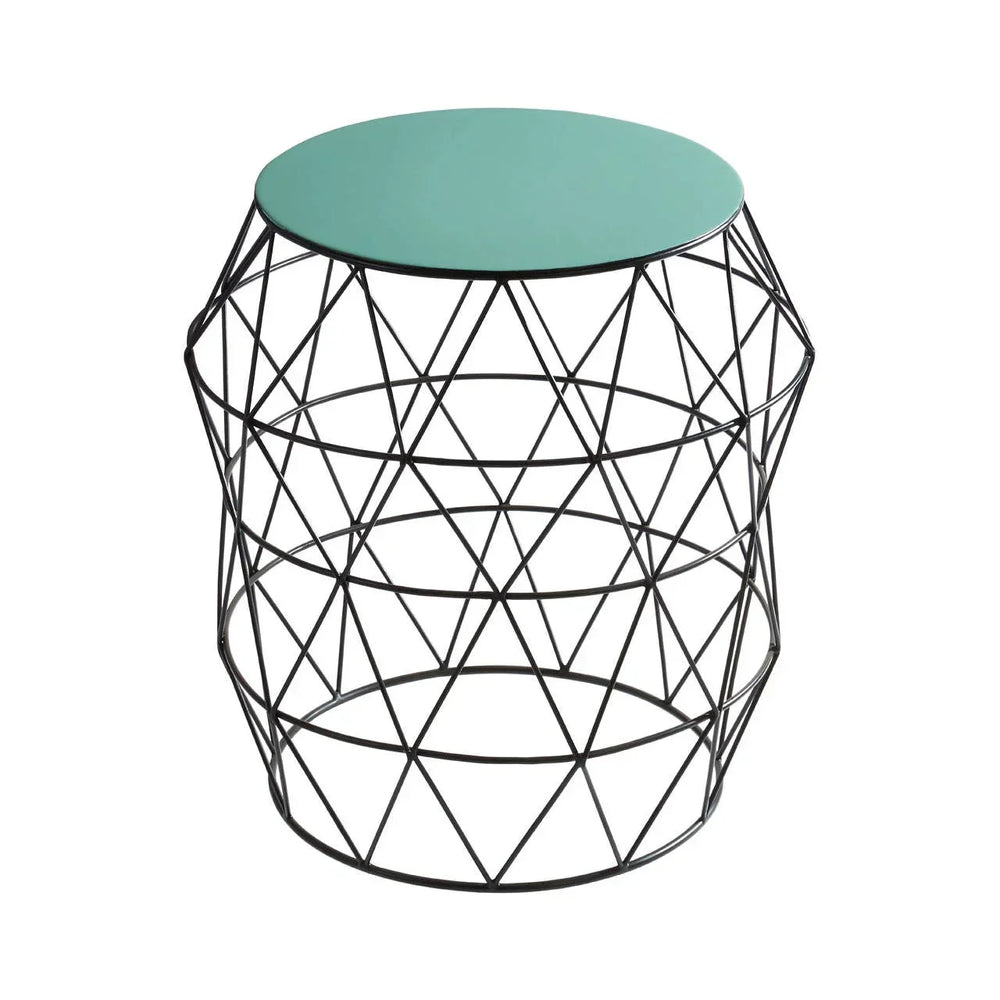 Round side table with black geometric metal frame and green top