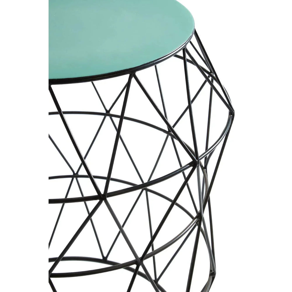 Round metal side table with geometric black wire base and green top