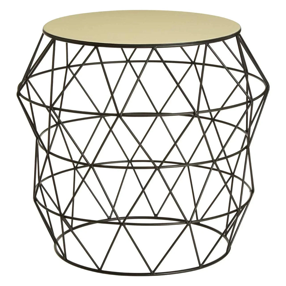 Round metal side table with geometric wire frame and light tabletop