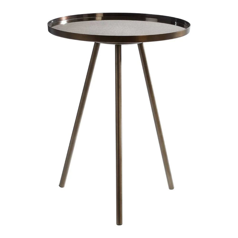 Round metal side table with three angled legs and raised edge, shown from front angle