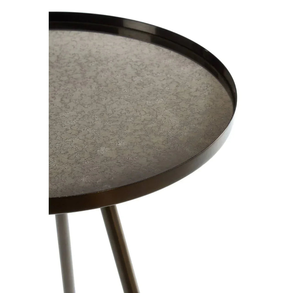 Round metal side table with textured glass top and slim legs