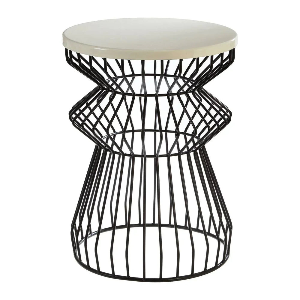 Round side table with cream top and black geometric metal wire base