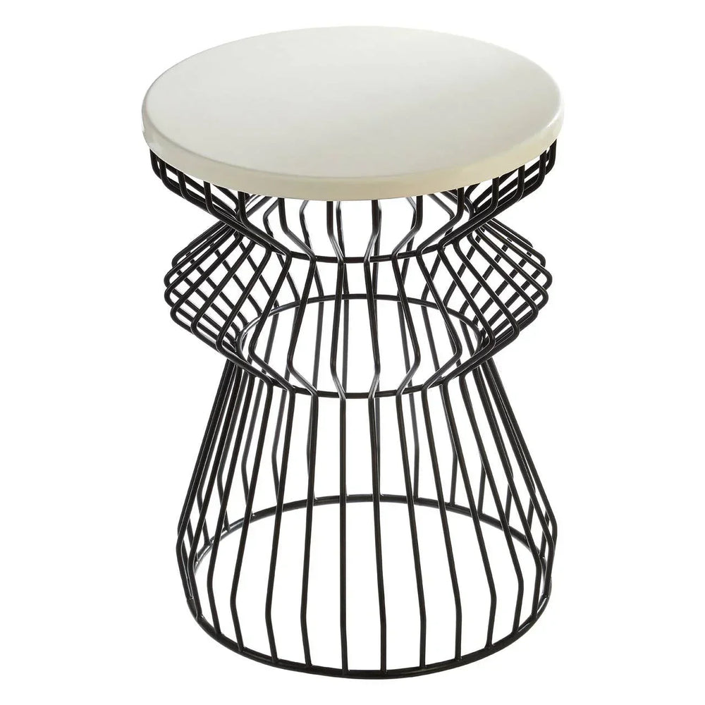 Round side table with black wire metal base and smooth cream top