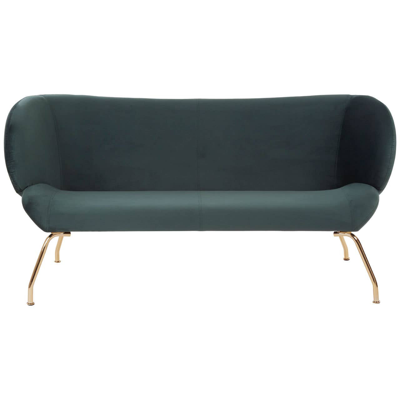 A two-seat sofa in a deep green fabric with a rounded backrest and smooth, curved arms, supported by slender gold metal legs. The design features a modern and minimalist aesthetic, suitable for contemporary living spaces