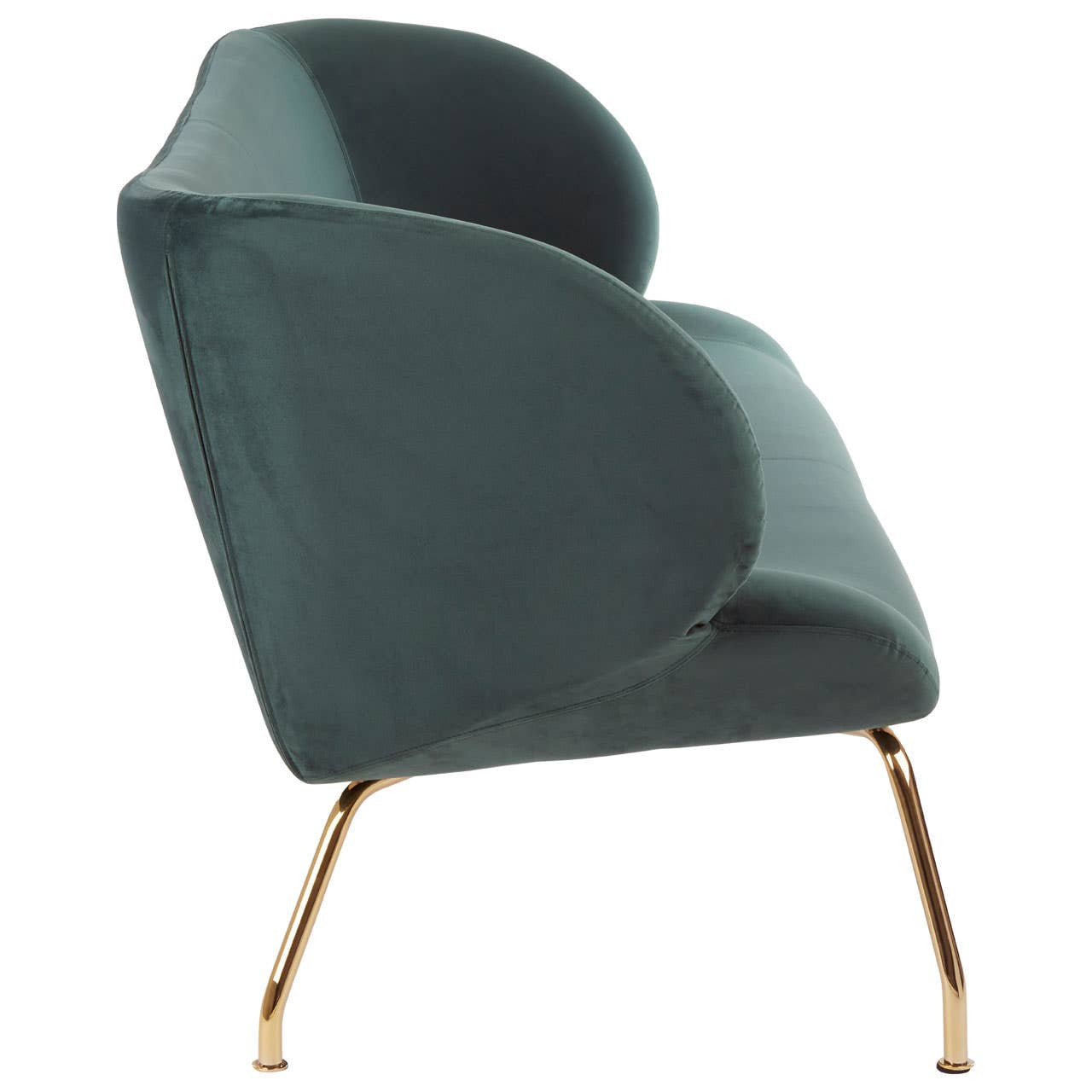 A stylish green two-seat sofa with a curved backrest and plush upholstery, supported by sleek gold metal legs. The design features a modern aesthetic with smooth lines and a comfortable seating area