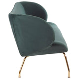 A stylish green two-seat sofa with a curved backrest and plush upholstery, supported by sleek gold metal legs. The design features a modern aesthetic with smooth lines and a comfortable seating area