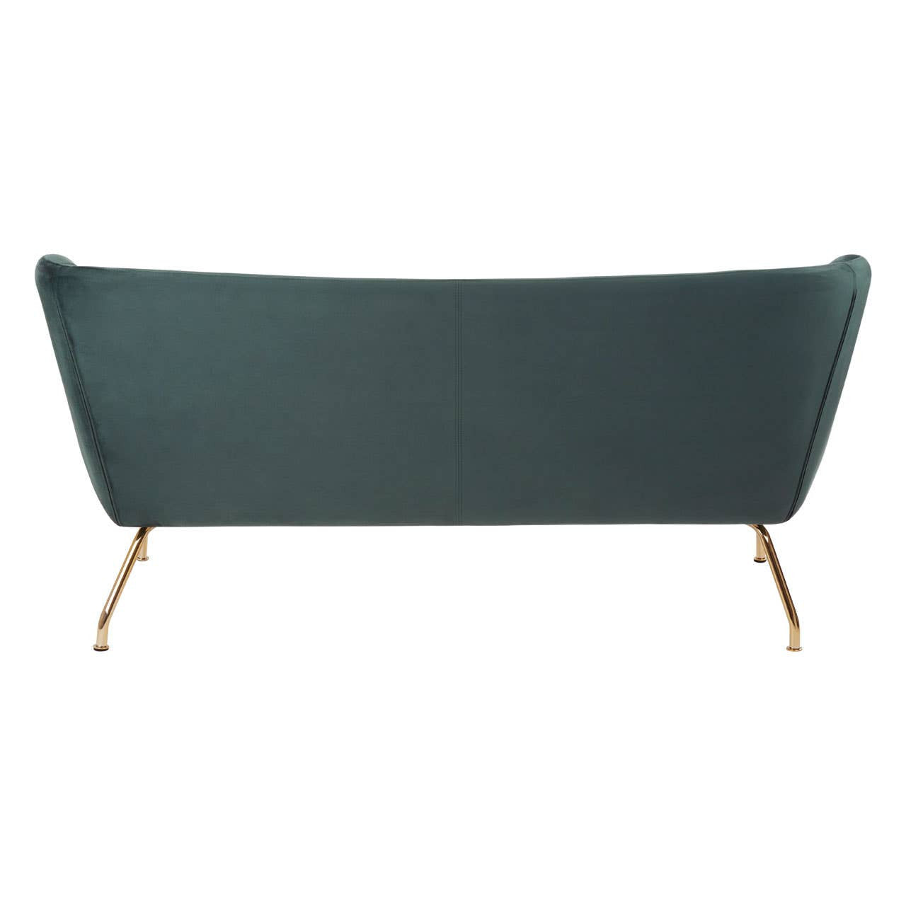 Two-seat sofa in a deep green fabric with a sleek, modern design and tapered wooden legs. The backrest features a curved silhouette, adding a stylish touch to the overall appearance