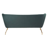 Two-seat sofa in a deep green fabric with a sleek, modern design and tapered wooden legs. The backrest features a curved silhouette, adding a stylish touch to the overall appearance