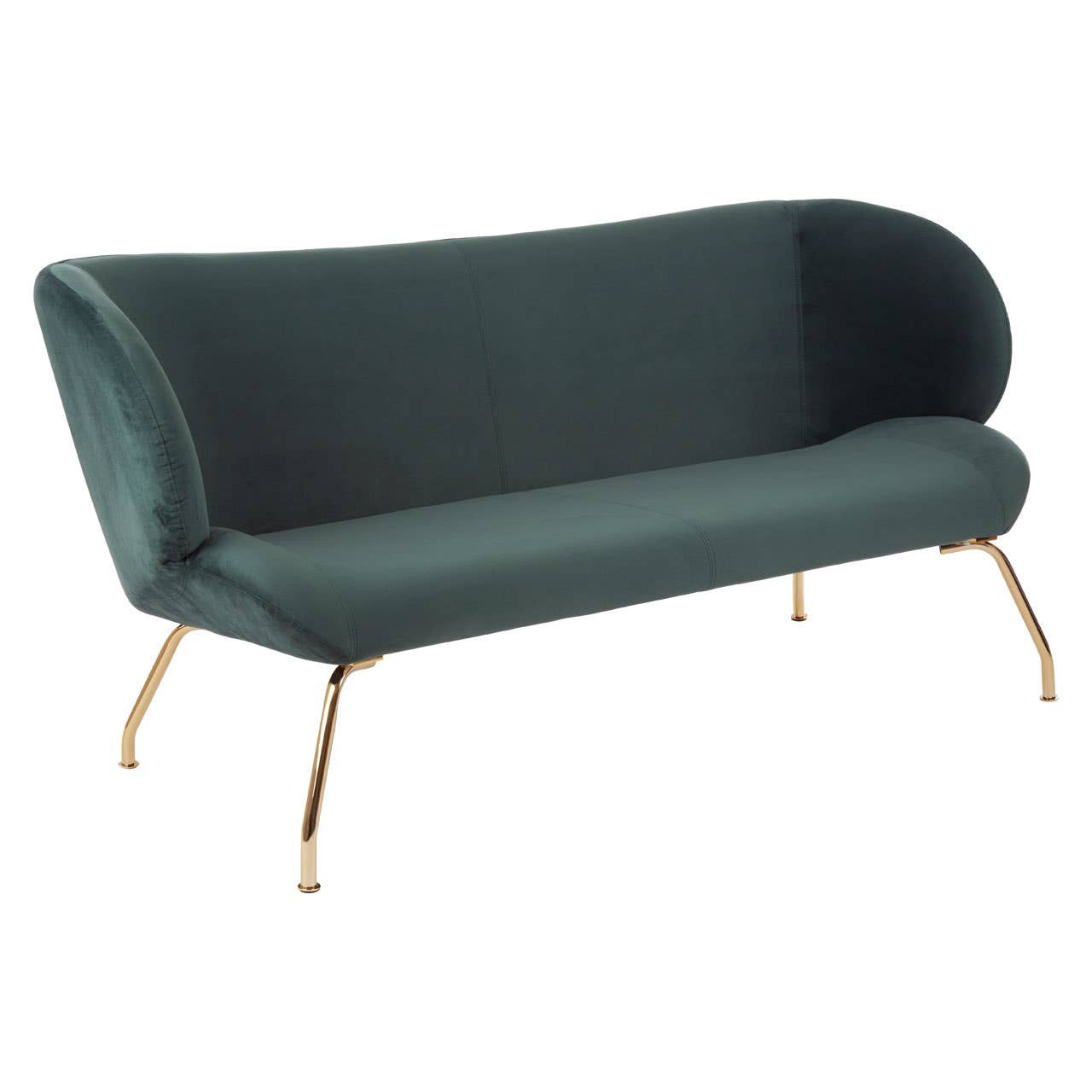 A two-seat sofa upholstered in a rich green fabric with a curved backrest and smooth lines, supported by sleek gold metal legs. The design features a modern and elegant aesthetic suitable for contemporary home decor