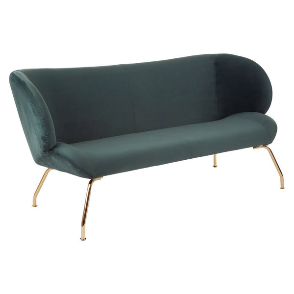 A two-seat sofa upholstered in a rich green fabric with a curved backrest and smooth lines, supported by sleek gold metal legs. The design features a modern and elegant aesthetic suitable for contemporary home decor