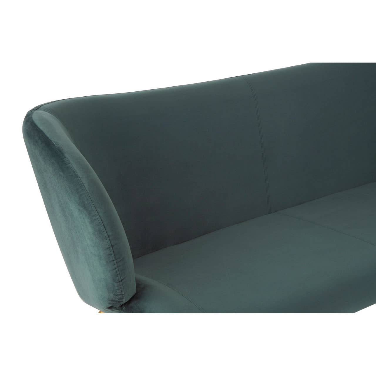 A close-up view of the Kolding 2 Seat Green Sofa, showcasing its smooth, curved armrest and plush upholstery in a deep green color. The fabric appears soft and inviting, highlighting the modern design and comfortable silhouette of the sofa