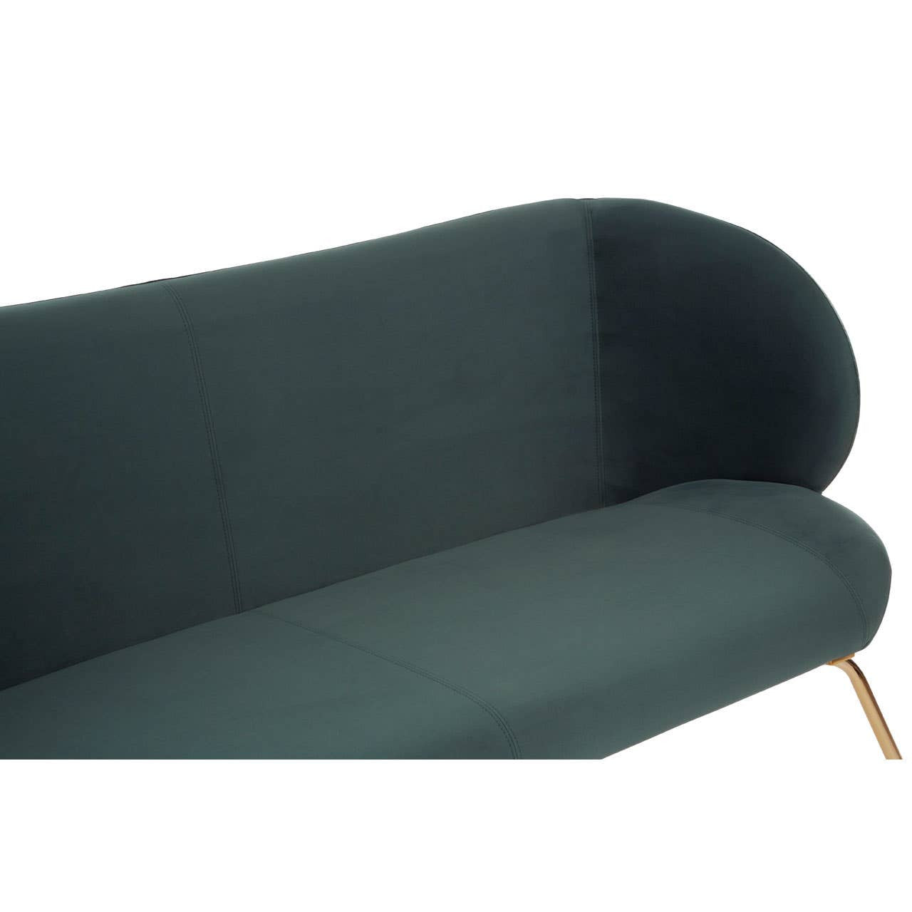 A close-up view of the Kolding 2 Seat Green Sofa, featuring a smooth, dark green fabric upholstery with a curved backrest and a sleek, minimalist design. The sofa is supported by slender wooden legs, adding a touch of elegance to its modern aesthetic