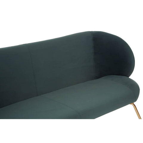 A close-up view of the Kolding 2 Seat Green Sofa, featuring a smooth, dark green fabric upholstery with a curved backrest and a sleek, minimalist design. The sofa is supported by slender wooden legs, adding a touch of elegance to its modern aesthetic