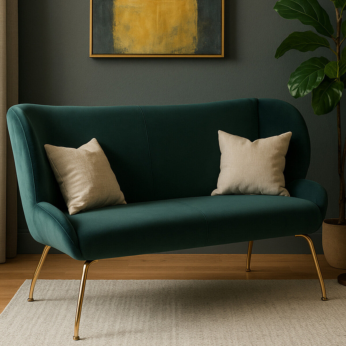 A stylish green two-seat sofa with a curved backrest and gold metal legs, featuring two light beige decorative pillows. The sofa is placed on a light-colored rug in a cozy room with a dark green wall and a piece of abstract art hanging above it. A leafy plant is visible in the background