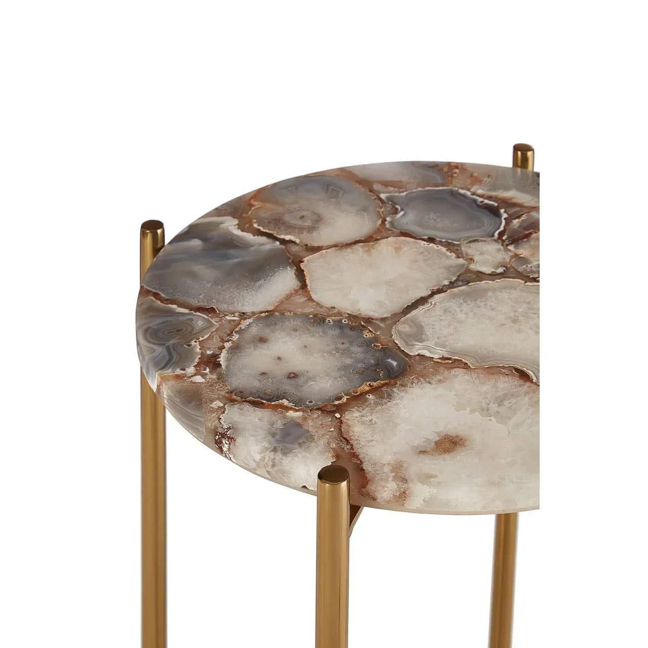 Round agate side table with natural stone top and gold metal legs