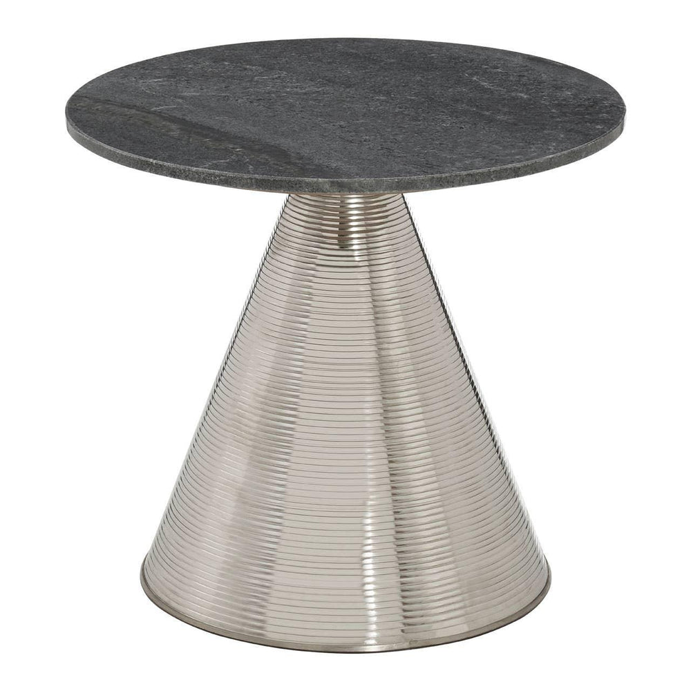 Round side table with black stone top and ribbed silver metal cone base