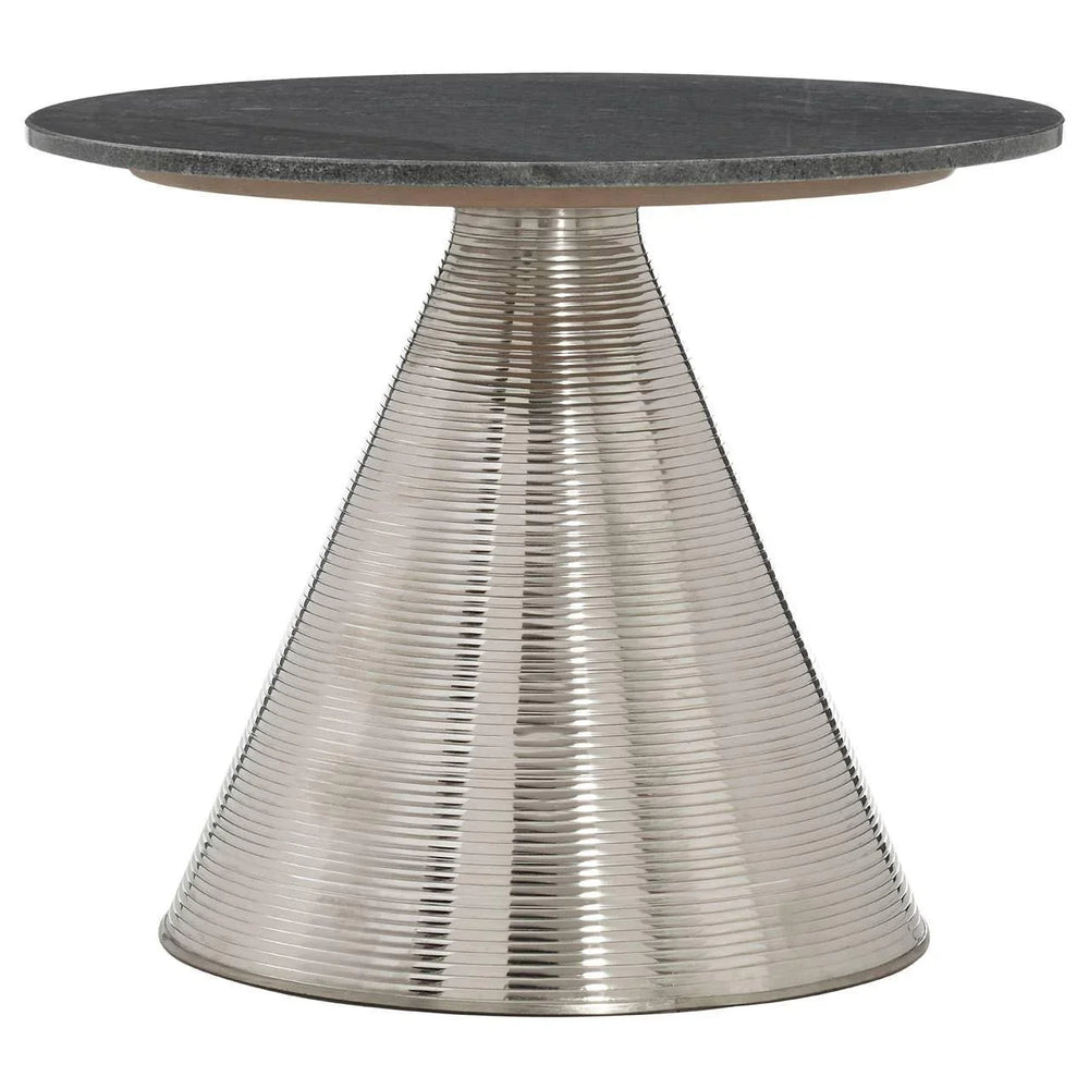 Round side table with black stone top and ribbed silver metal conical base