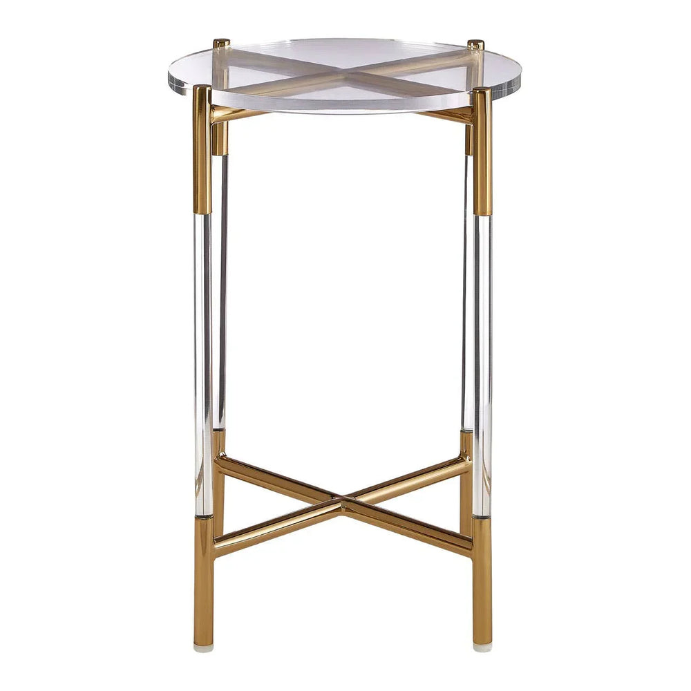 Round glass side table with gold metal frame and clear acrylic legs, front view