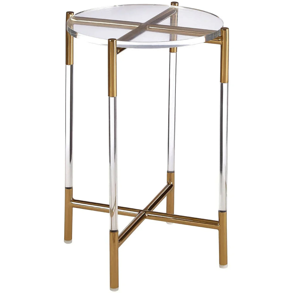 Round glass side table with gold metal legs and cross frame design