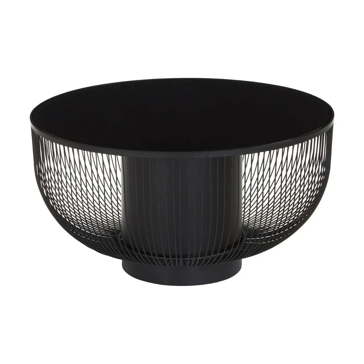 Black metal wire coffee table with round top and open geometric base