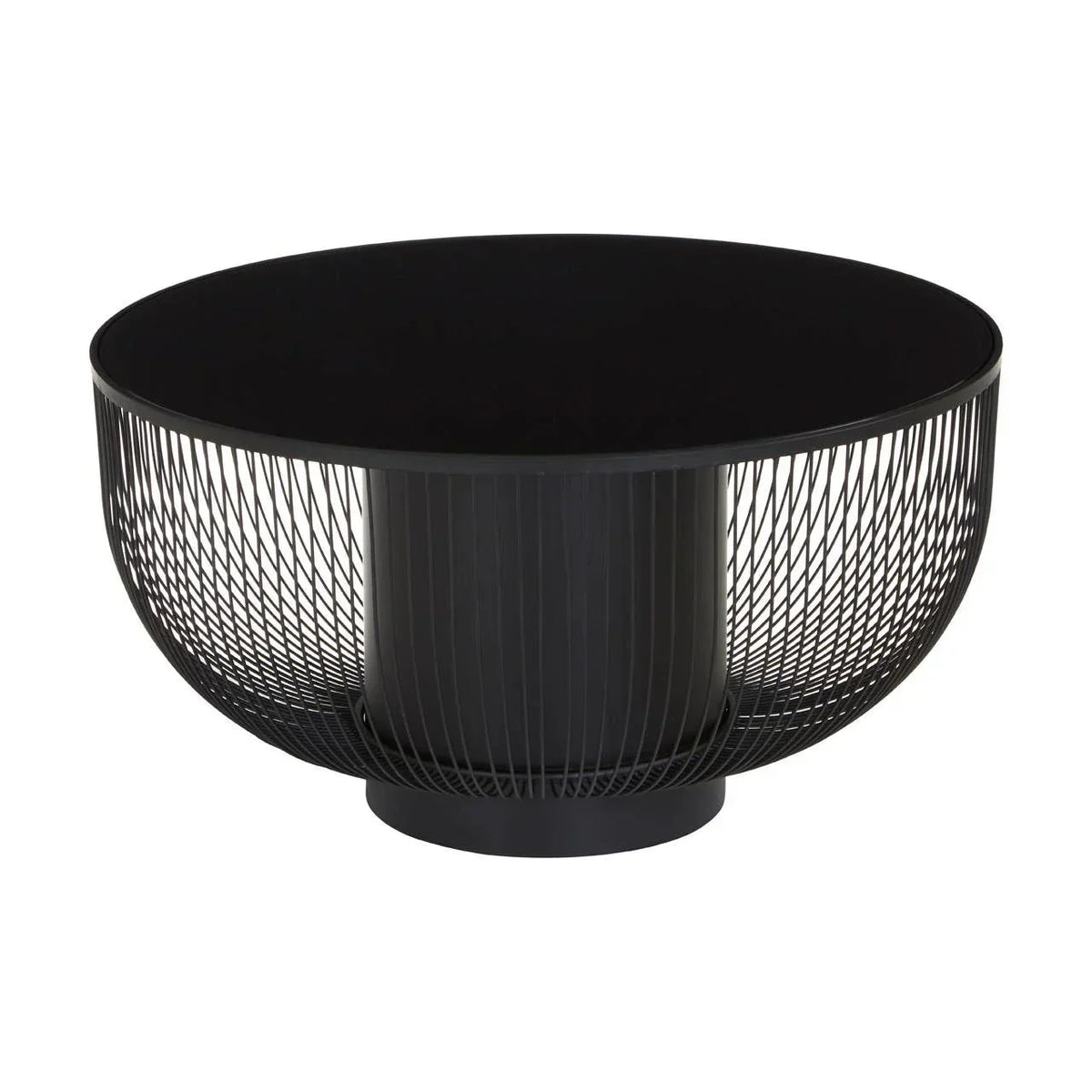 Black metal wire coffee table with round top and open geometric base