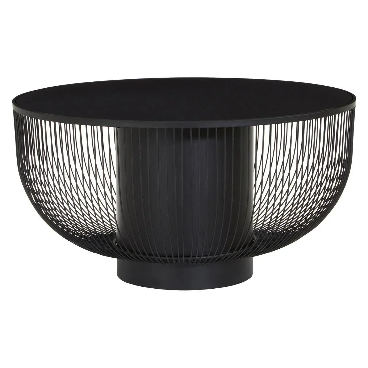 Round black metal coffee table with open wire base and solid top