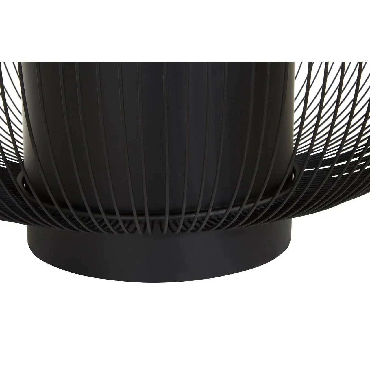 Closeup of black metal table base with curved wire detail