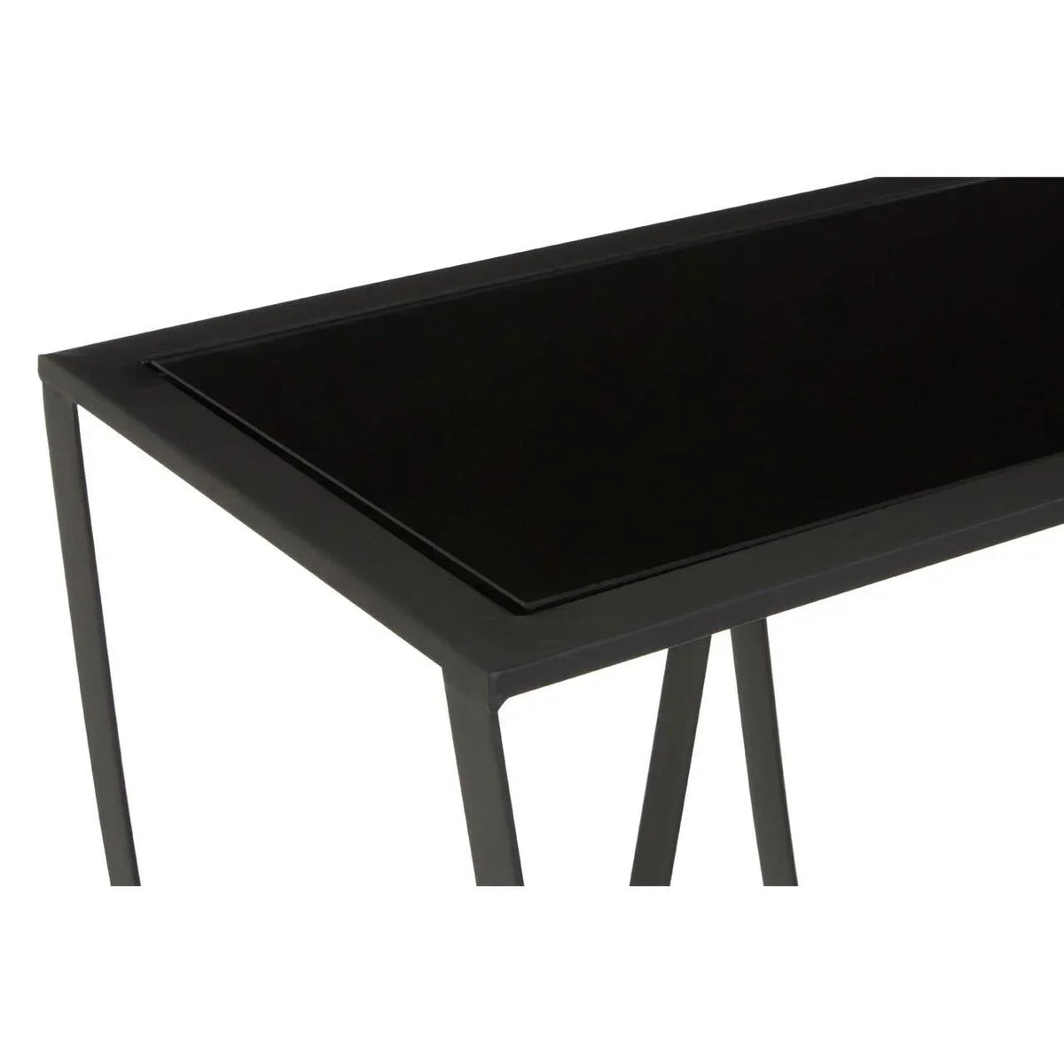 Black glass top console table with slim metal frame, angled corner view