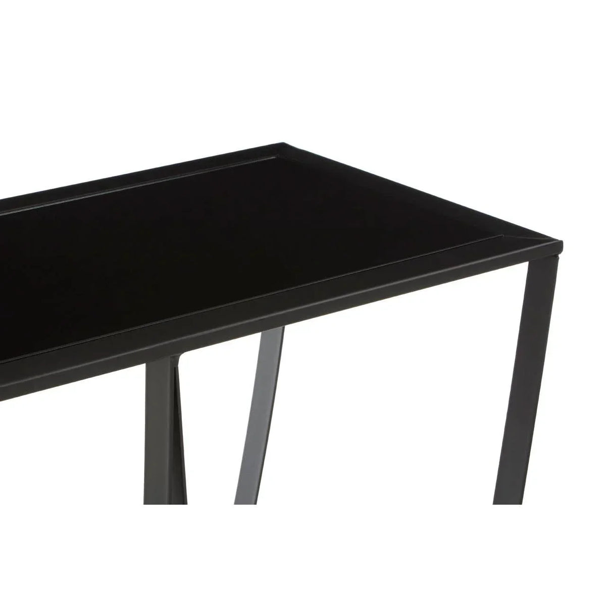Black metal side table with rectangular tray top and slim legs, angled front view