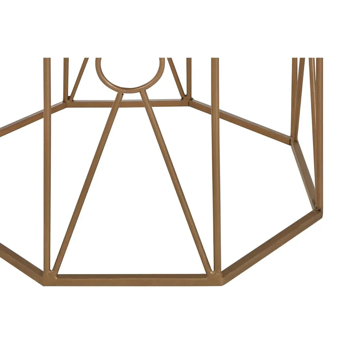Gold metal geometric table base with angular frame and open hexagonal design