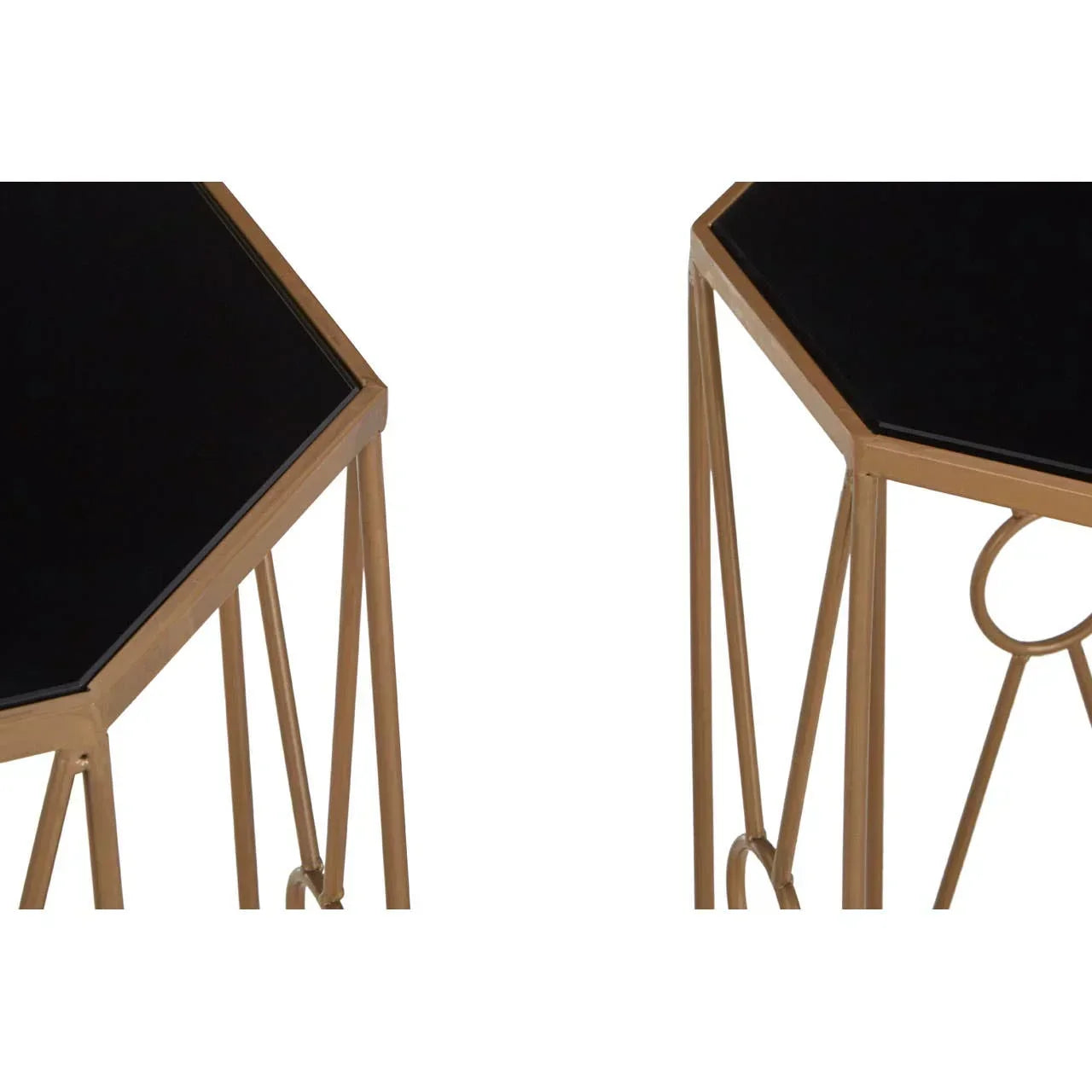 Hexagonal black glass side tables with gold metal frames, close-up of tabletop and legs
