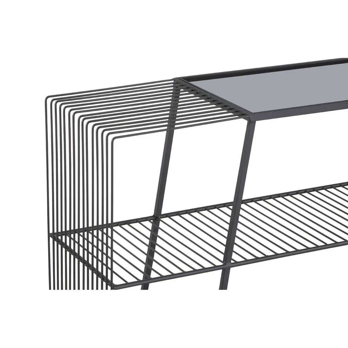 Black metal console table with open wire shelves and glass top, modern minimalist design