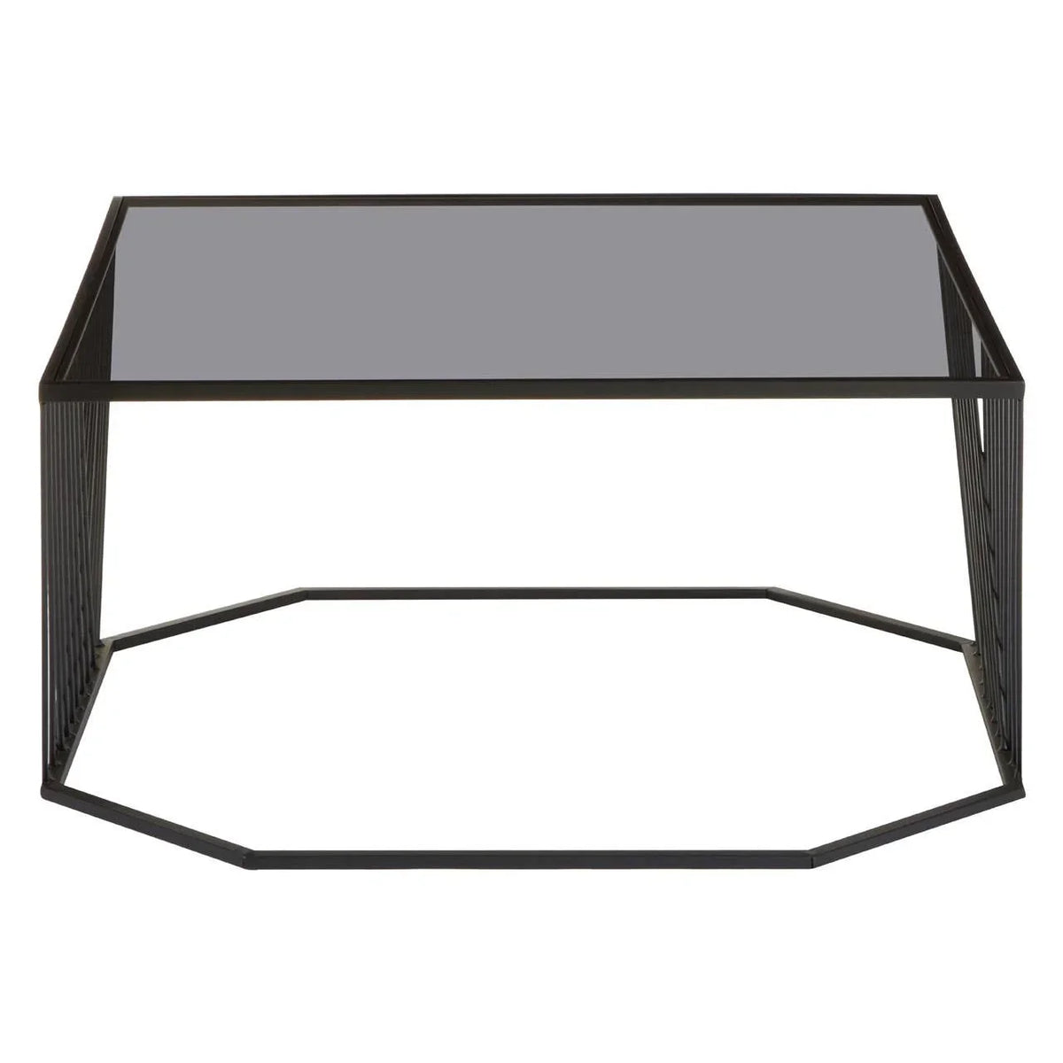Black metal frame coffee table with glass top and geometric base, front view