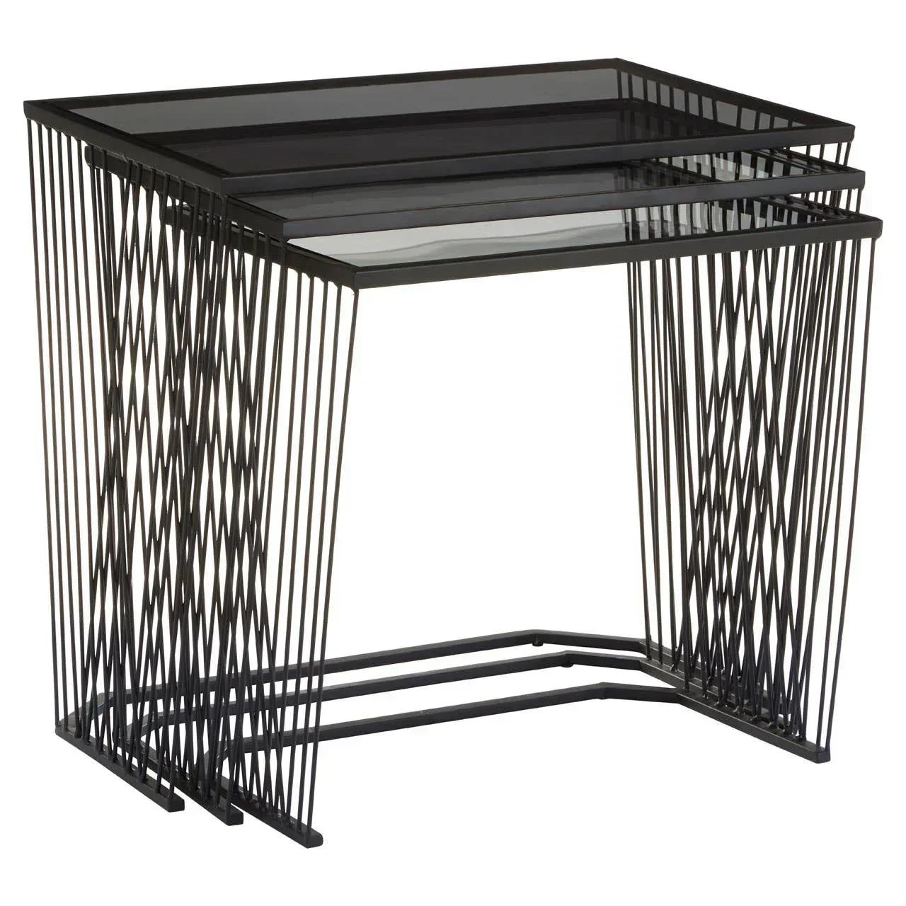 Black metal and glass nesting tables with geometric wire frame design