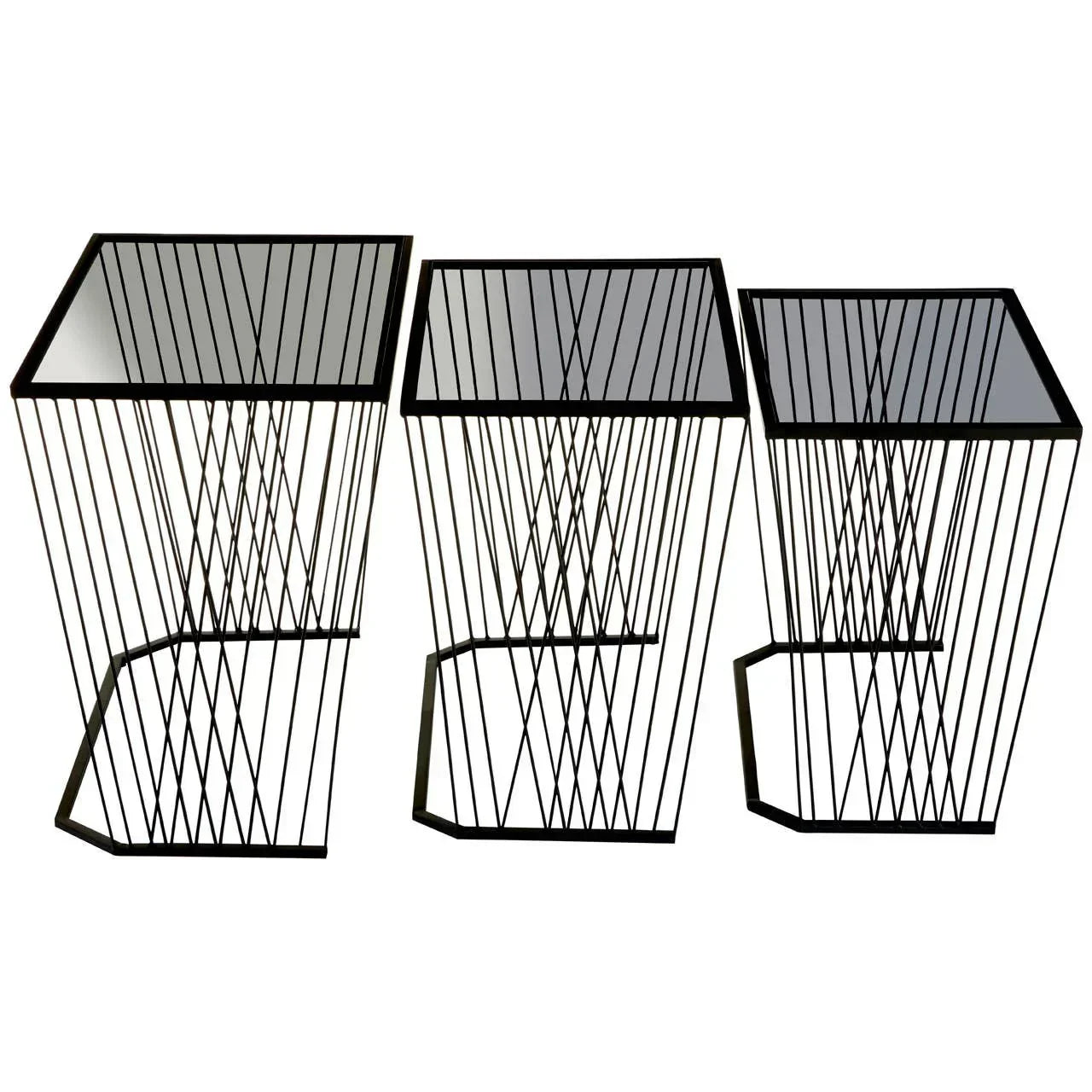 Set of three black metal nest tables with glass tops and geometric wire bases