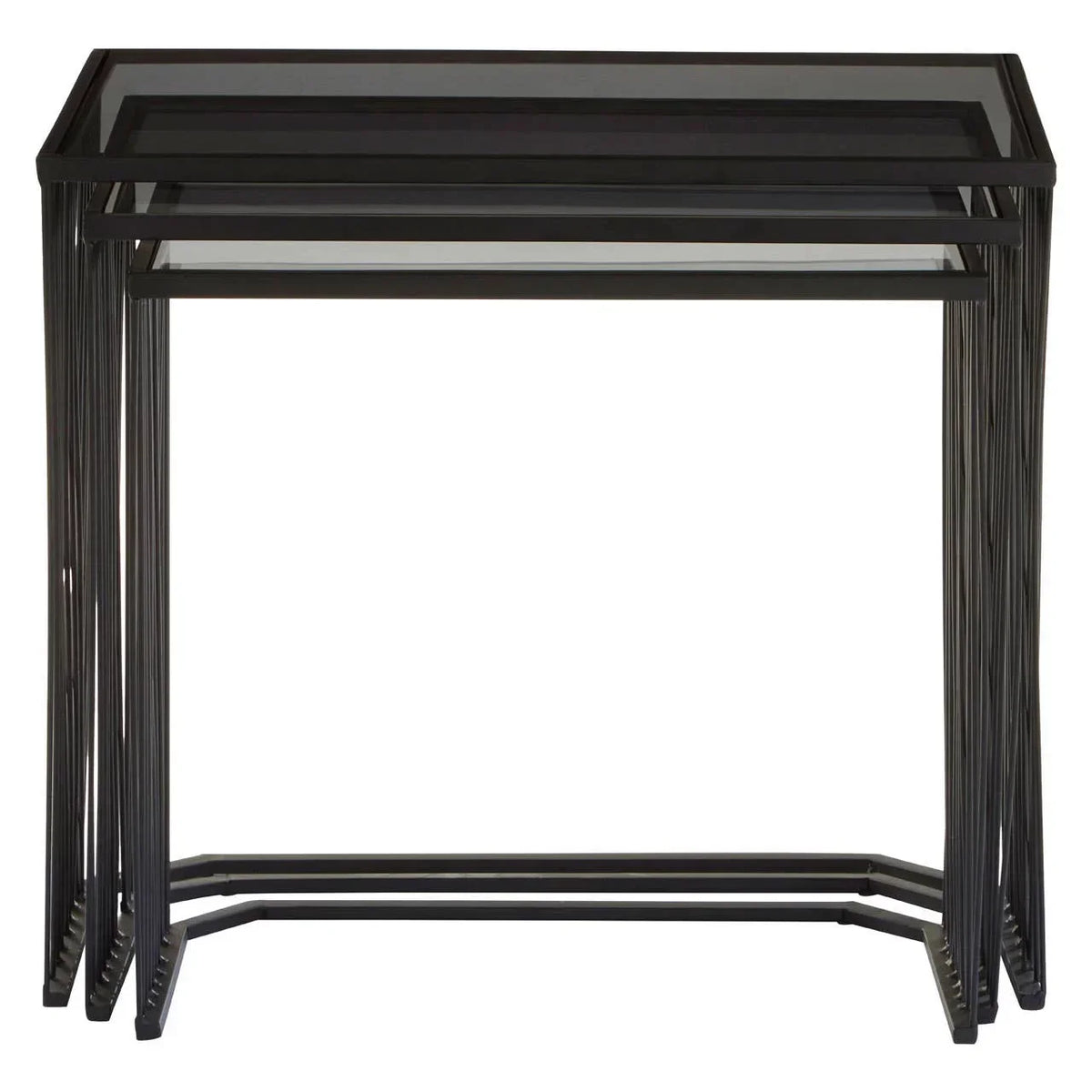 Black metal nesting tables with glass tops, modern geometric design, front view