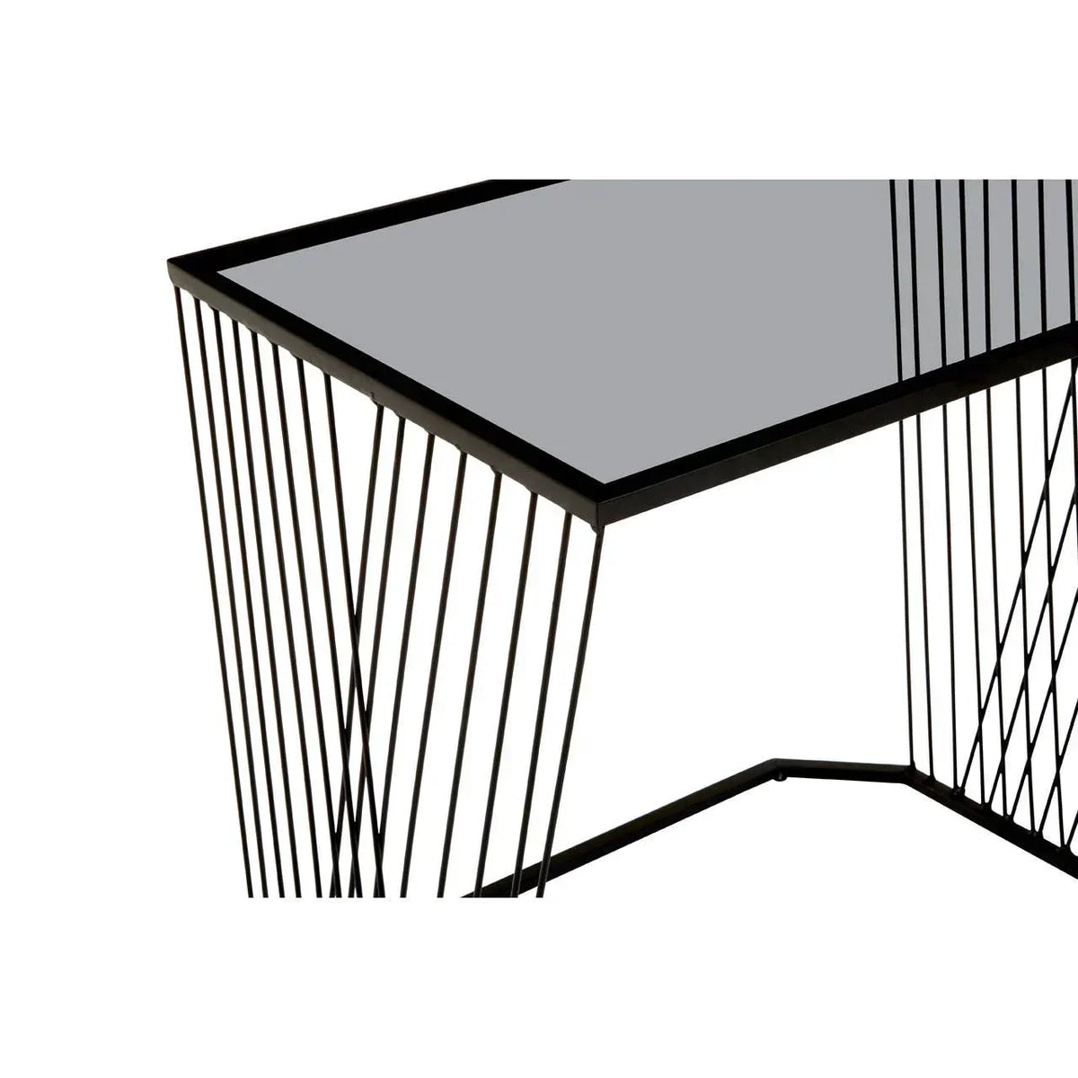 Black metal side table with glass top and geometric wire base, angled view