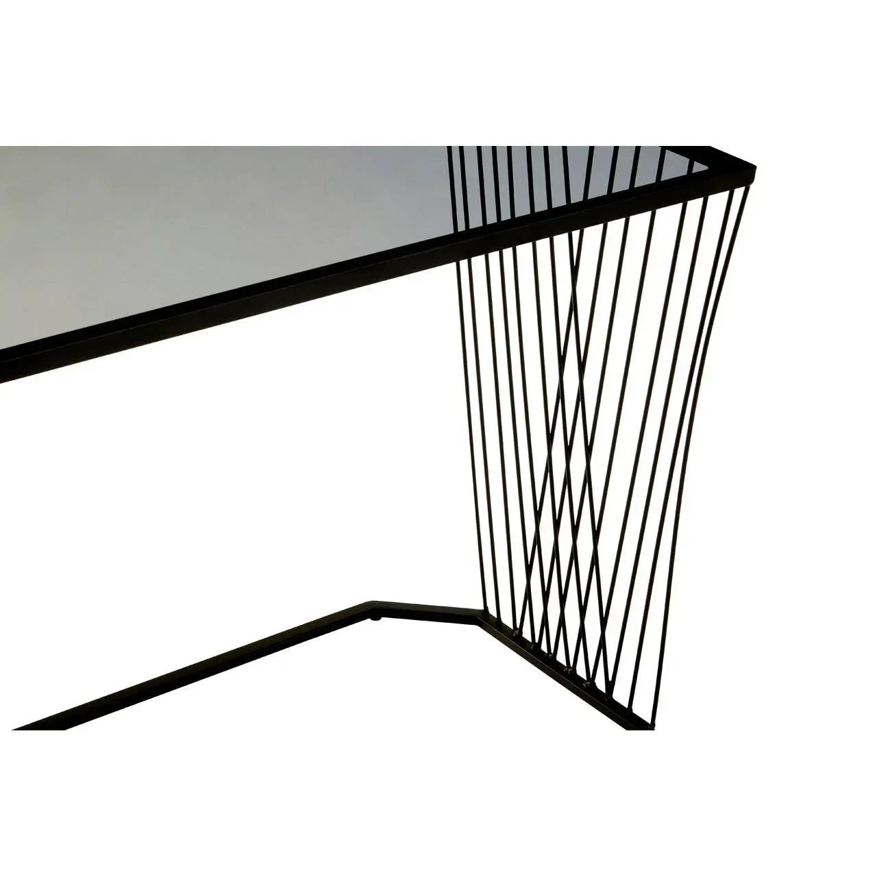 Modern glass console table with black metal wireframe legs, angled corner view
