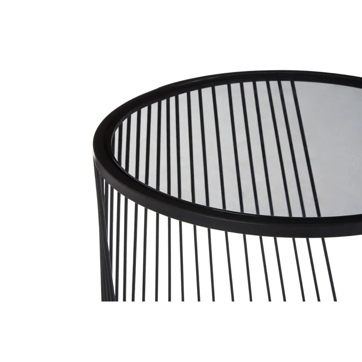 Round black metal side table with glass top and vertical slat base, close-up view